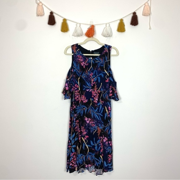 NWT Anthropologie Maeve Elia Cold Shoulder Dress Blue Tropical Floral Size 12 - Picture 2 of 14